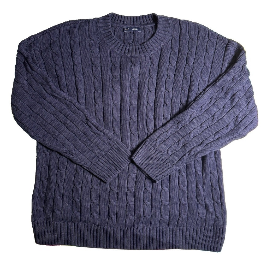 GAP Men's Sweater Small Cable Knit 100% Cotton Crew Neck Navy Pullover EUC
